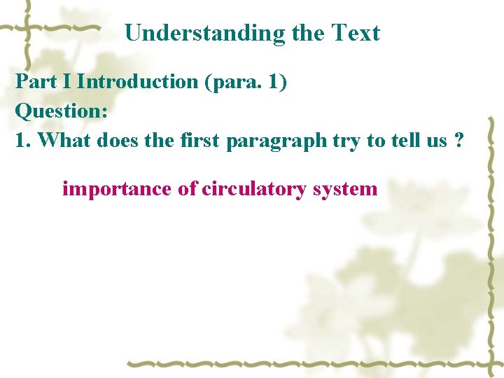 Understanding the Text Part I Introduction (para. 1) Question: 1. What does the first