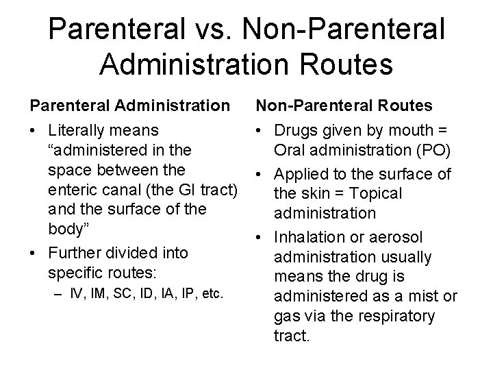 Parenteral vs. Non-Parenteral Administration Routes Parenteral Administration Non-Parenteral Routes • Literally means “administered in