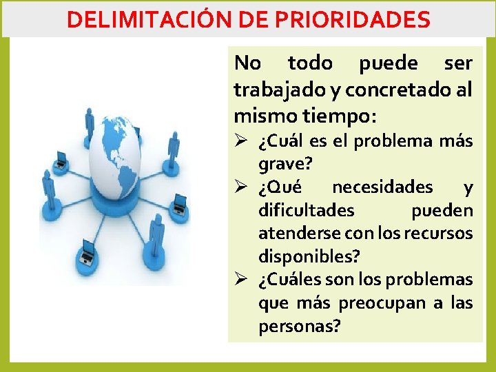 DELIMITACIÓN DE PRIORIDADES No todo puede ser trabajado y concretado al mismo tiempo: Ø DELIMITACIÓN DE PRIORIDADES No todo puede ser trabajado y concretado al mismo tiempo: Ø