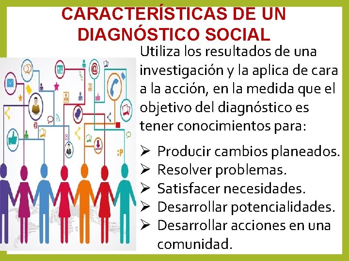 CARACTERÍSTICAS DE UN DIAGNÓSTICO SOCIAL Utiliza los resultados de una investigación y la aplica CARACTERÍSTICAS DE UN DIAGNÓSTICO SOCIAL Utiliza los resultados de una investigación y la aplica