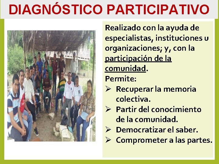 DIAGNÓSTICO PARTICIPATIVO Realizado con la ayuda de especialistas, instituciones u organizaciones; y, con la DIAGNÓSTICO PARTICIPATIVO Realizado con la ayuda de especialistas, instituciones u organizaciones; y, con la