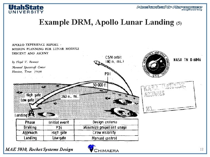 Example DRM, Apollo Lunar Landing (5) MAE 5930, Rocket Systems Design 18 