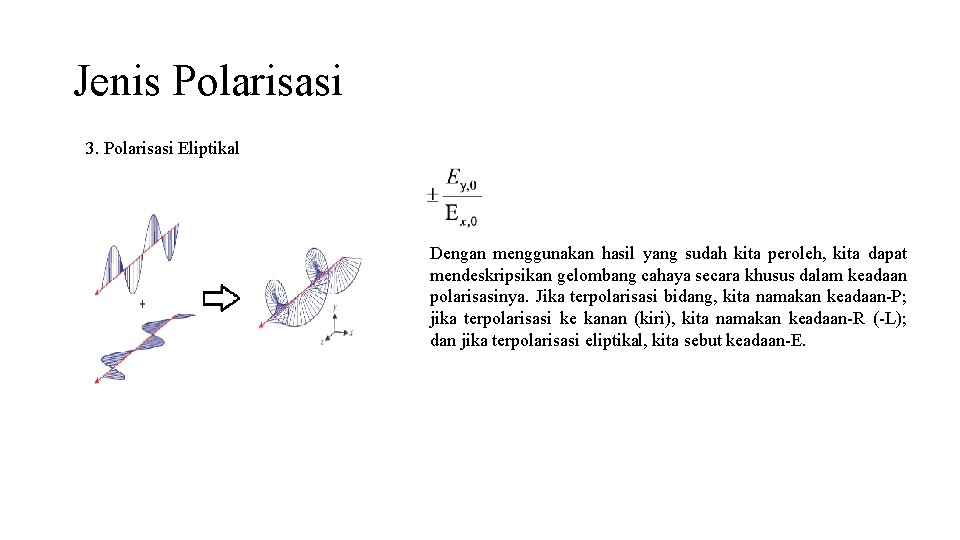 Jenis Polarisasi 3. Polarisasi Eliptikal Dengan menggunakan hasil yang sudah kita peroleh, kita dapat