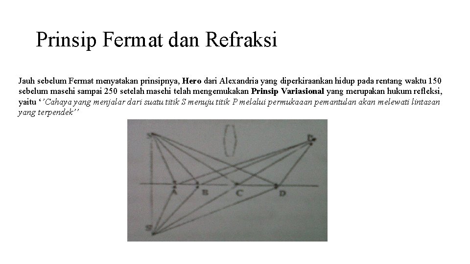 Prinsip Fermat dan Refraksi Jauh sebelum Fermat menyatakan prinsipnya, Hero dari Alexandria yang diperkiraankan