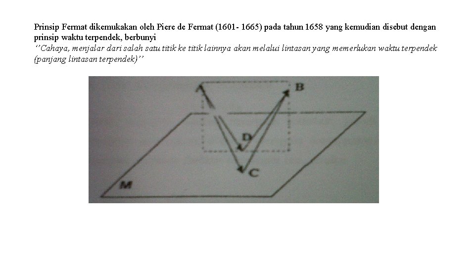 Prinsip Fermat dikemukakan oleh Piere de Fermat (1601 - 1665) pada tahun 1658 yang