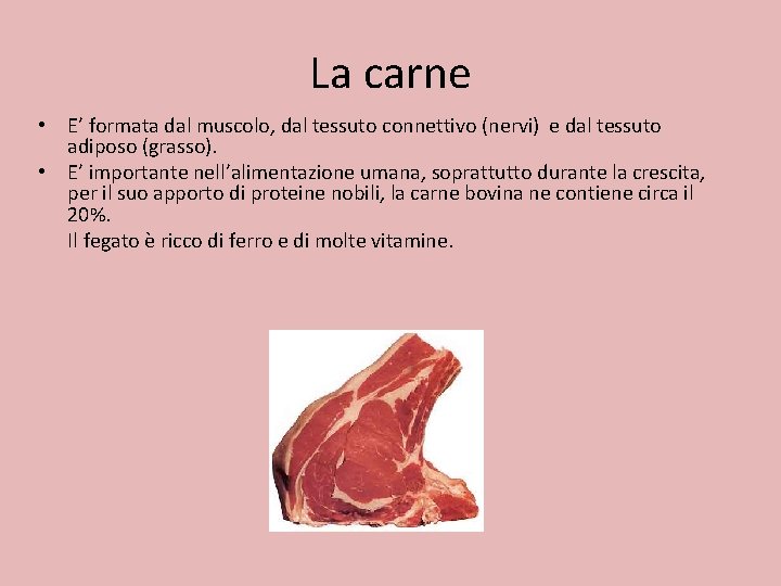 La carne • E’ formata dal muscolo, dal tessuto connettivo (nervi) e dal tessuto