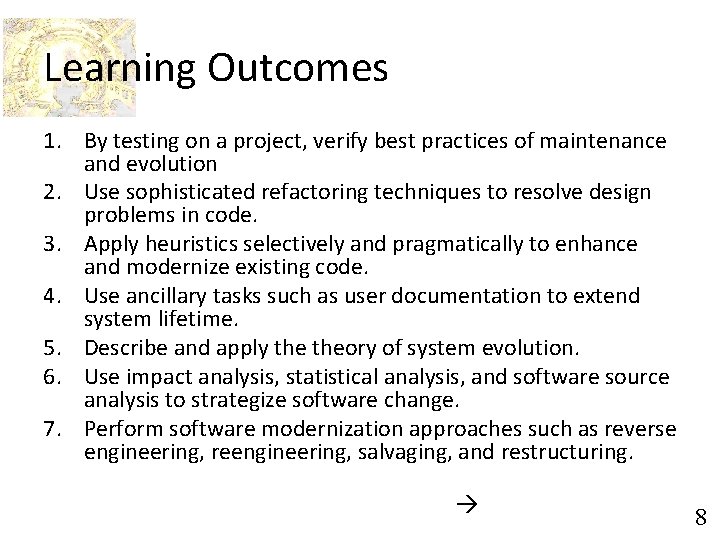Learning Outcomes 1. By testing on a project, verify best practices of maintenance and