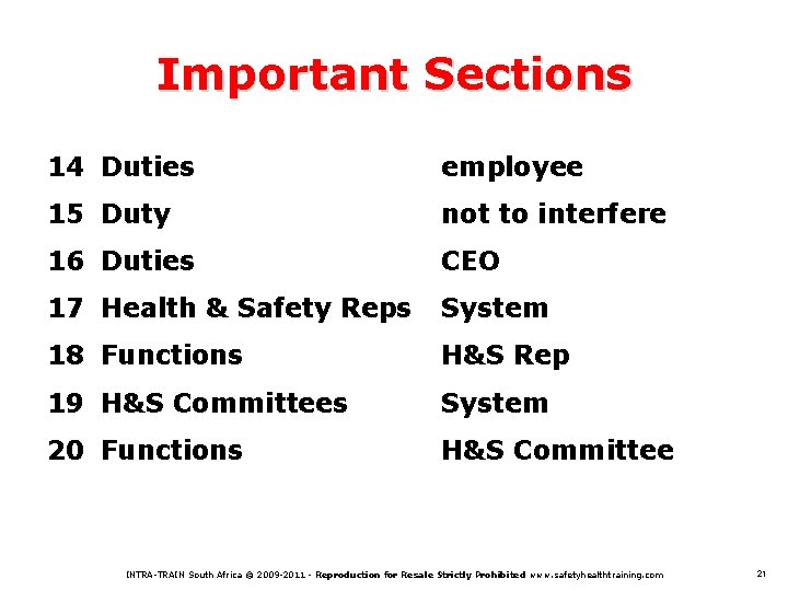 Important Sections 14 Duties employee 15 Duty not to interfere 16 Duties CEO 17