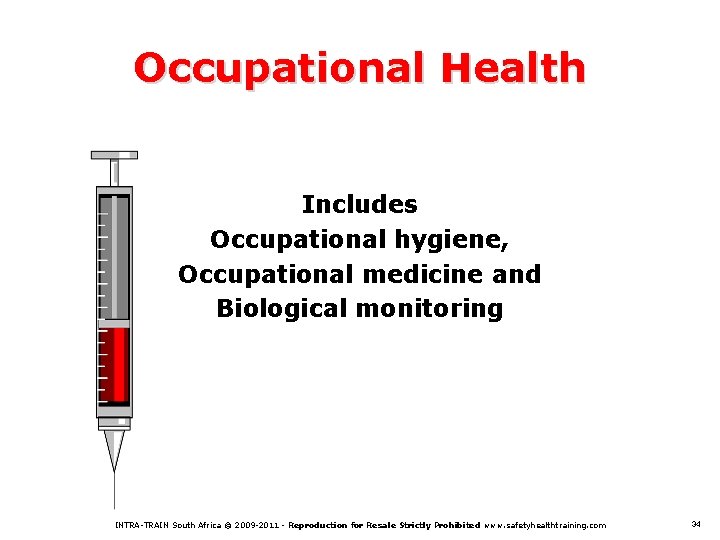 Occupational Health Includes Occupational hygiene, Occupational medicine and Biological monitoring INTRA-TRAIN South Africa ©