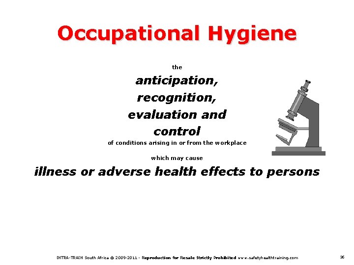 Occupational Hygiene the anticipation, recognition, evaluation and control of conditions arising in or from