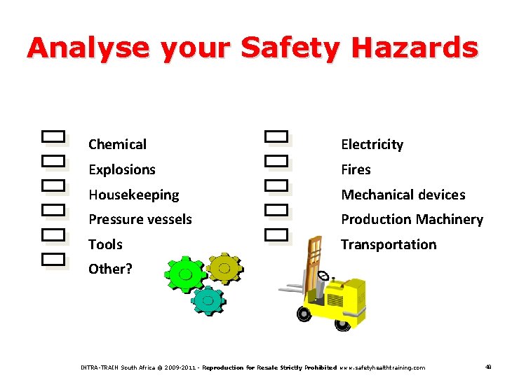 Analyse your Safety Hazards Chemical Electricity Explosions Fires Housekeeping Mechanical devices Pressure vessels Production