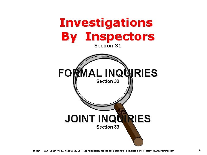 Investigations By Inspectors Section 31 FORMAL INQUIRIES Section 32 JOINT INQUIRIES Section 33 INTRA-TRAIN
