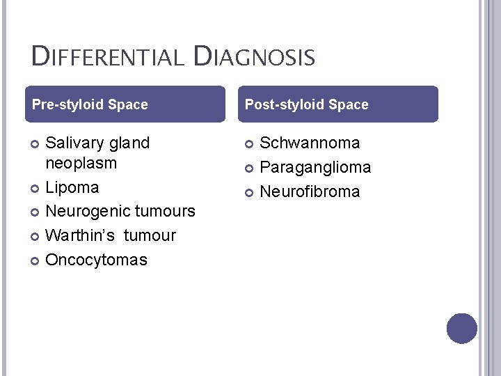 DIFFERENTIAL DIAGNOSIS Pre-styloid Space Post-styloid Space Salivary gland neoplasm Lipoma Neurogenic tumours Warthin’s tumour
