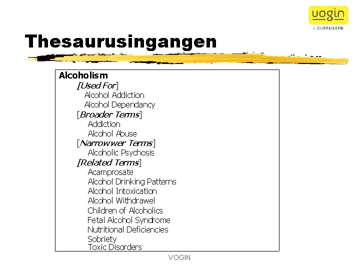 Thesaurusingangen Alcoholism [Used For] Alcohol Addiction Alcohol Dependancy [Broader Terms] Addiction Alcohol Abuse [Narrowwer