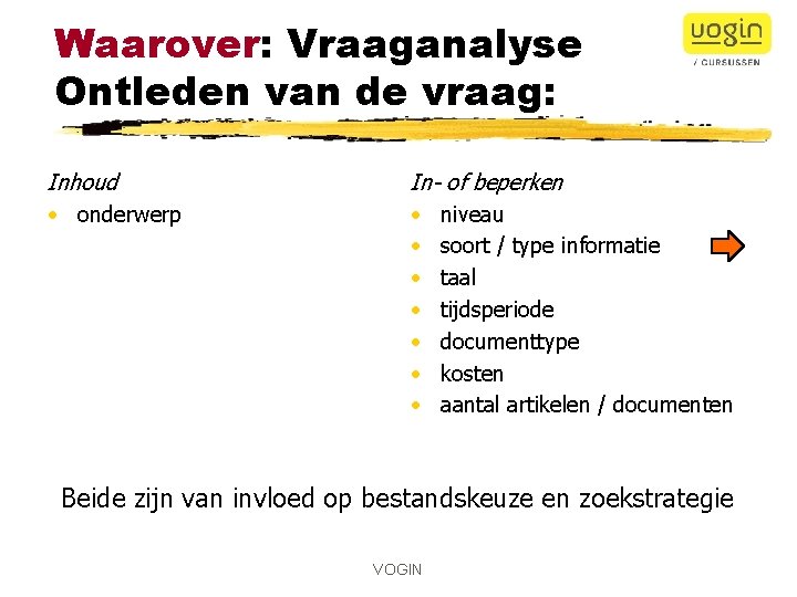 Waarover: Vraaganalyse Ontleden van de vraag: Inhoud • onderwerp In- of beperken • niveau Waarover: Vraaganalyse Ontleden van de vraag: Inhoud • onderwerp In- of beperken • niveau