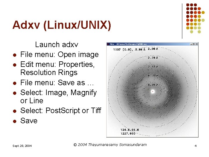 Adxv (Linux/UNIX) l l l Launch adxv File menu: Open image Edit menu: Properties,