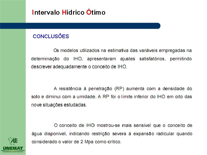 Intervalo Hídrico Ótimo CONCLUSÕES Intervalo Hídrico Ótimo CONCLUSÕES