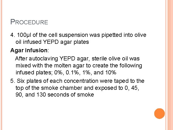 PROCEDURE 4. 100μl of the cell suspension was pipetted into olive oil infused YEPD