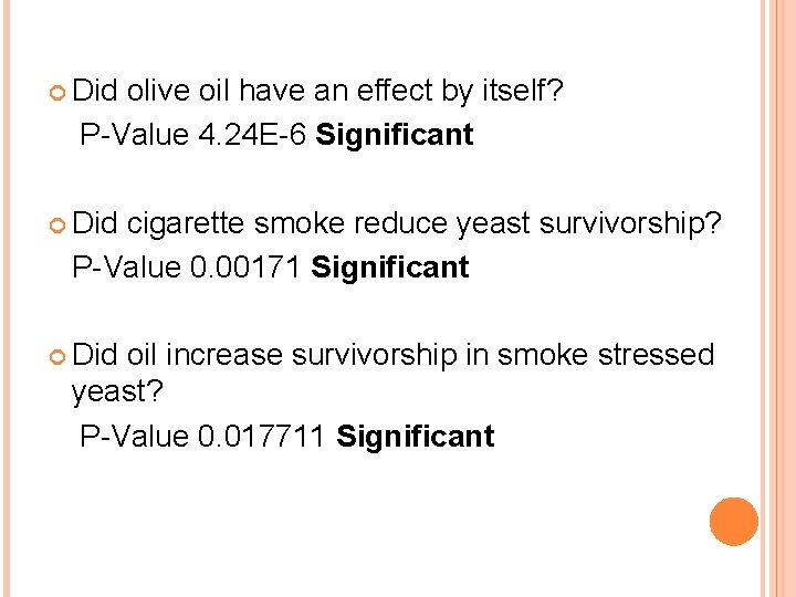  Did olive oil have an effect by itself? P-Value 4. 24 E-6 Significant