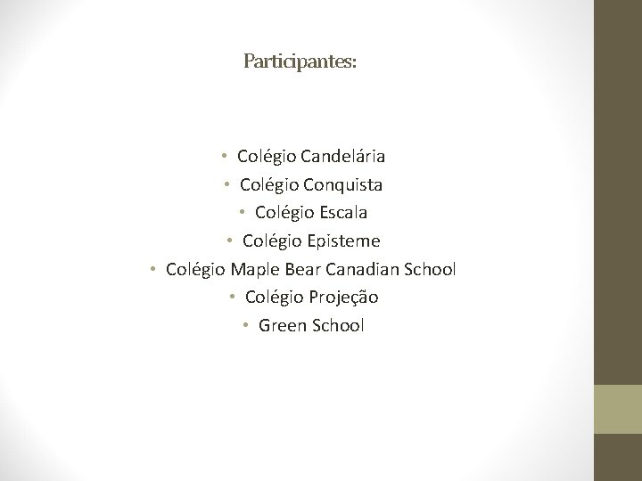 Participantes: • Colégio Candelária • Colégio Conquista • Colégio Escala • Colégio Episteme •