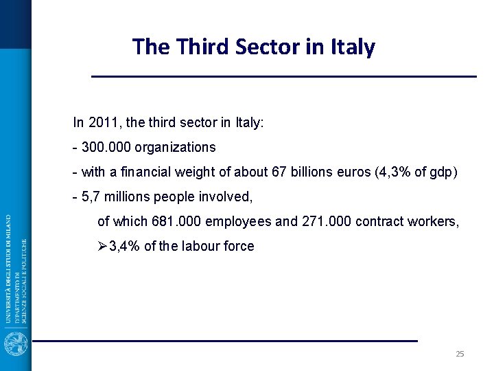 The Third Sector in Italy In 2011, the third sector in Italy: - 300.