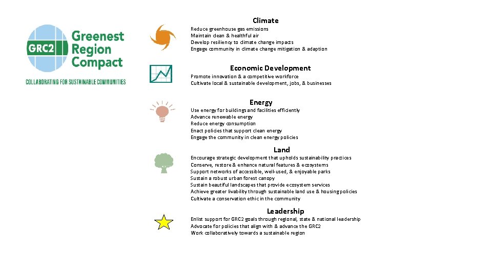 Climate Reduce greenhouse gas emissions Maintain clean & healthful air Develop resiliency to climate Climate Reduce greenhouse gas emissions Maintain clean & healthful air Develop resiliency to climate