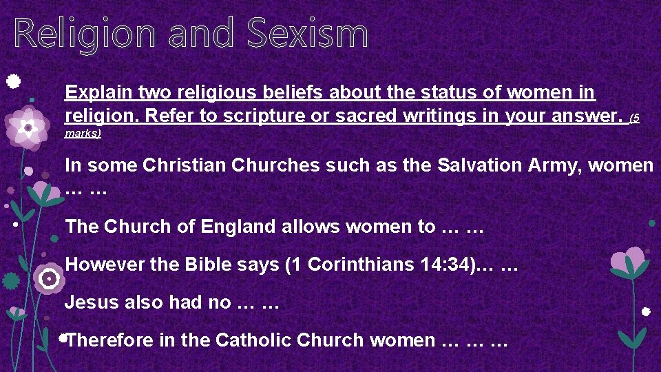 Religion and Sexism Explain two religious beliefs about the status of women in religion.