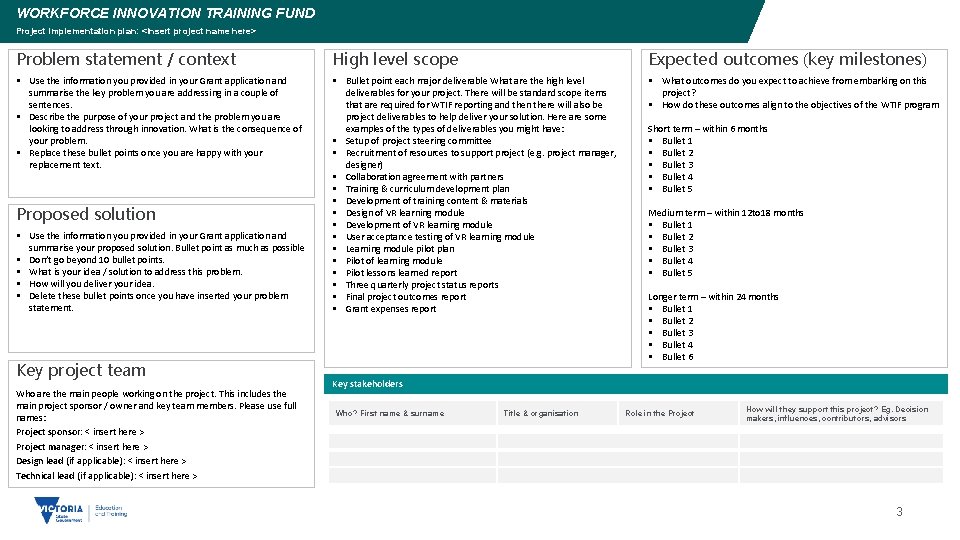 WORKFORCE INNOVATION TRAINING FUND Project implementation plan: <Insert project name here> Slide 3 Problem