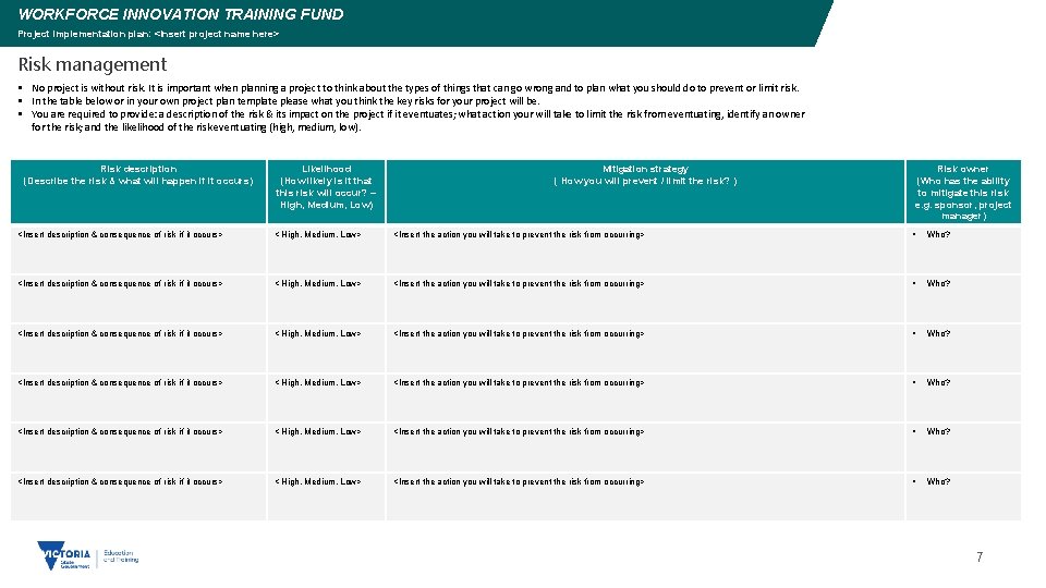 WORKFORCE INNOVATION TRAINING FUND Project implementation plan: <Insert project name here> Slide 7 Risk