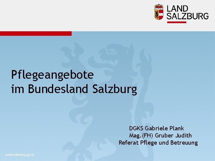 Pflegeangebote im Bundesland Salzburg DGKS Gabriele Plank Mag. (FH) Gruber Judith Referat Pflege und