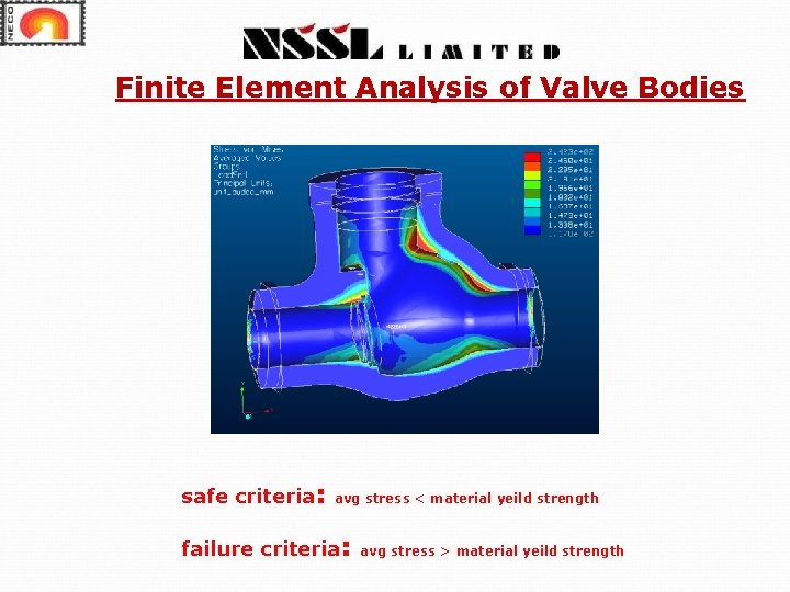 Finite Element Analysis of Valve Bodies safe criteria: avg stress < material yeild strength Finite Element Analysis of Valve Bodies safe criteria: avg stress < material yeild strength