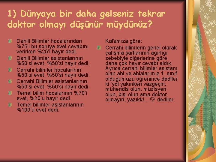 1) Dünyaya bir daha gelseniz tekrar doktor olmayı düşünür müydünüz? Dahili Bilimler hocalarından %75’i 1) Dünyaya bir daha gelseniz tekrar doktor olmayı düşünür müydünüz? Dahili Bilimler hocalarından %75’i