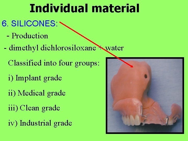 Individual material 6. SILICONES: - Production - dimethyl dichlorosiloxane + water Classified into four