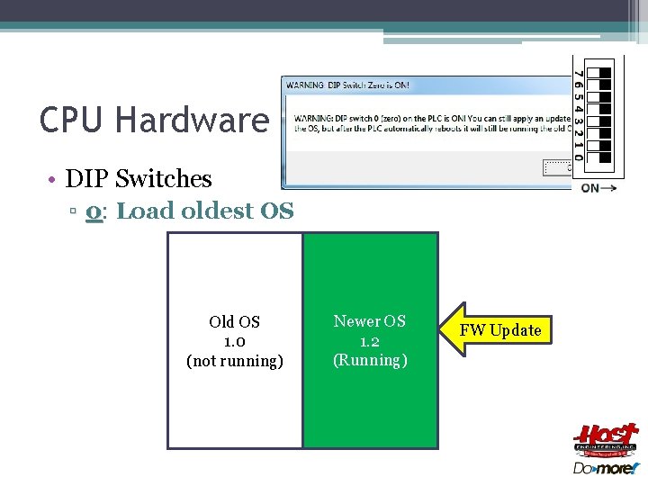 CPU Hardware • DIP Switches ▫ 0: Load oldest OS Current Old OSOS 1.