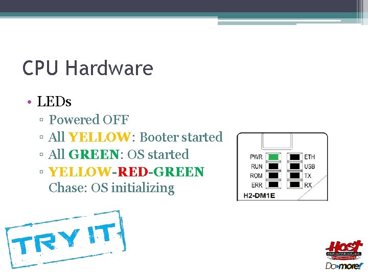 CPU Hardware • LEDs ▫ ▫ Powered OFF All YELLOW: Booter started All GREEN: