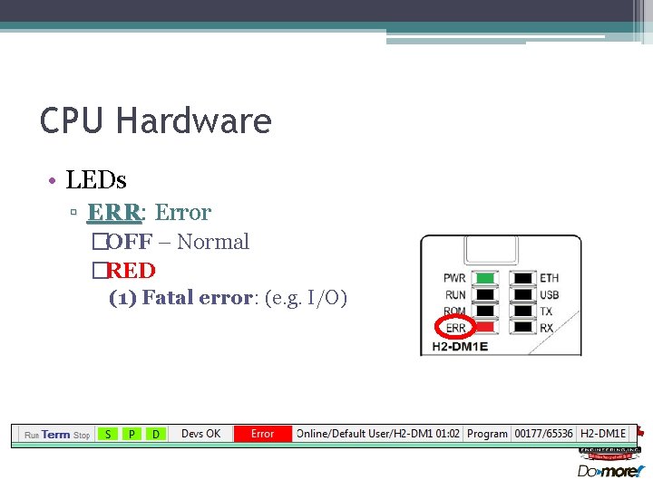 CPU Hardware • LEDs ▫ ERR: ERR Error �OFF – Normal �RED (1) Fatal