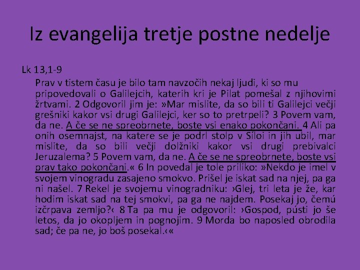 Iz evangelija tretje postne nedelje Lk 13, 1 -9 Prav v tistem času je