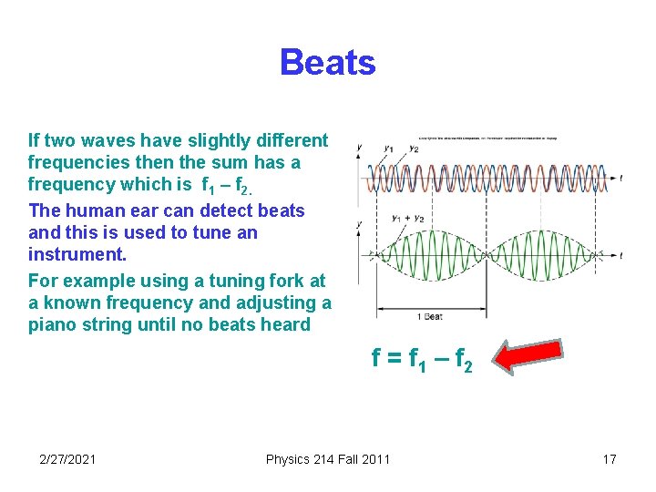 Beats If two waves have slightly different frequencies then the sum has a frequency