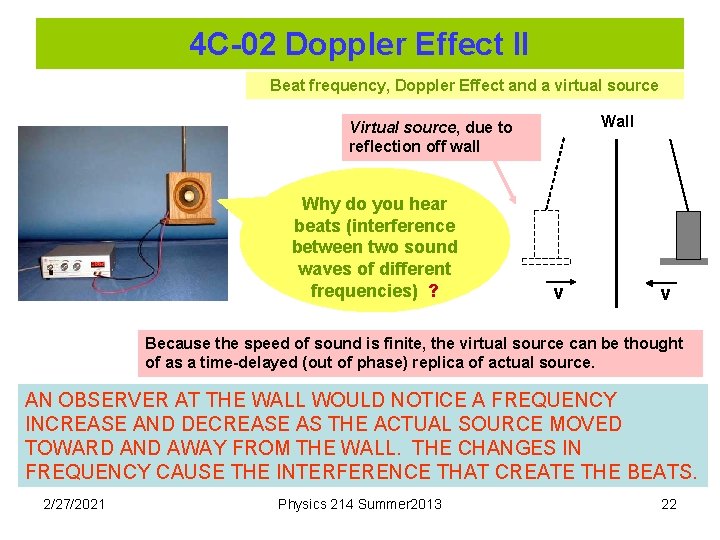 4 C-02 Doppler Effect II Beat frequency, Doppler Effect and a virtual source Wall