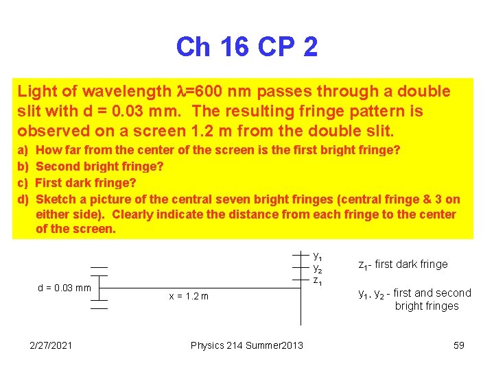 Ch 16 CP 2 Light of wavelength =600 nm passes through a double slit