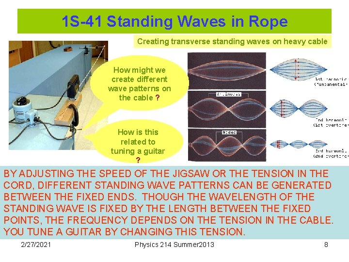 1 S-41 Standing Waves in Rope Creating transverse standing waves on heavy cable How