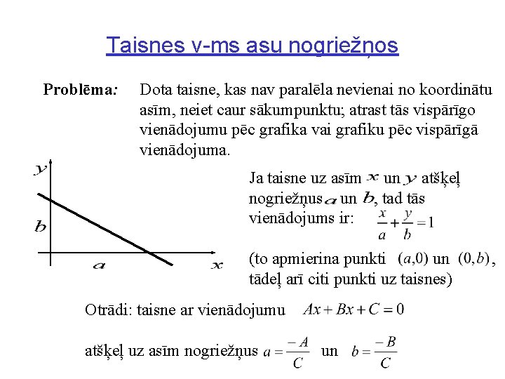 Taisnes v-ms asu nogriežņos Problēma: Dota taisne, kas nav paralēla nevienai no koordinātu asīm,