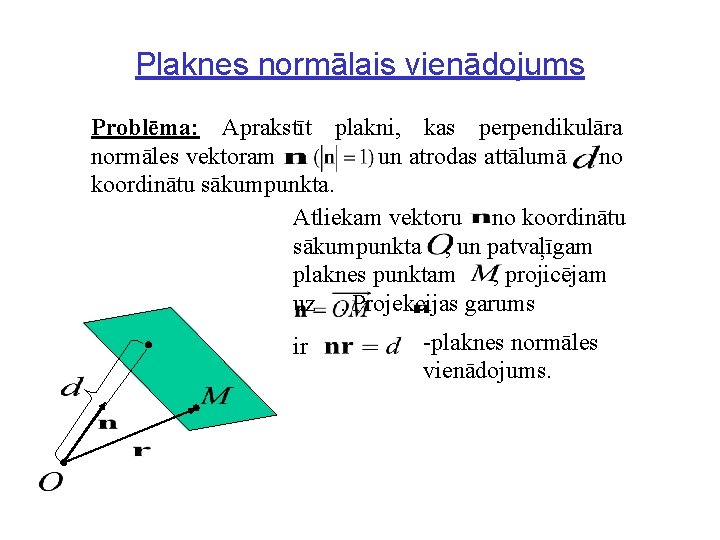 Plaknes normālais vienādojums Problēma: Aprakstīt plakni, kas perpendikulāra normāles vektoram un atrodas attālumā no