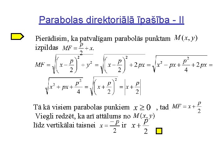 Parabolas direktoriālā īpašība - II Pierādīsim, ka patvalīgam parabolās punktam izpildas Tā kā visiem