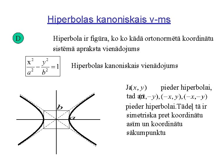 Hiperbolas kanoniskais v-ms D Hiperbola ir figūra, ko ko kādā ortonormētā koordinātu sistēmā apraksta