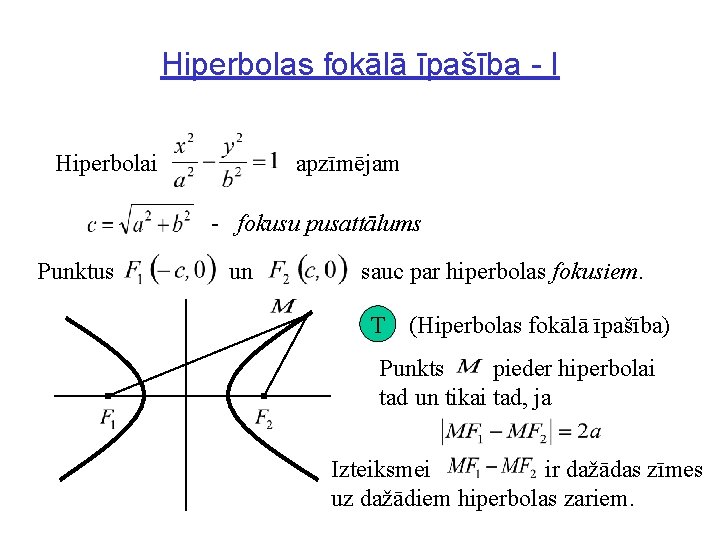 Hiperbolas fokālā īpašība - I Hiperbolai apzīmējam - fokusu pusattālums Punktus un sauc par
