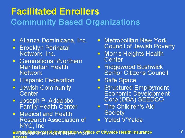 Facilitated Enrollers Community Based Organizations § Alianza Dominicana, Inc. § Metropolitan New York Council Facilitated Enrollers Community Based Organizations § Alianza Dominicana, Inc. § Metropolitan New York Council