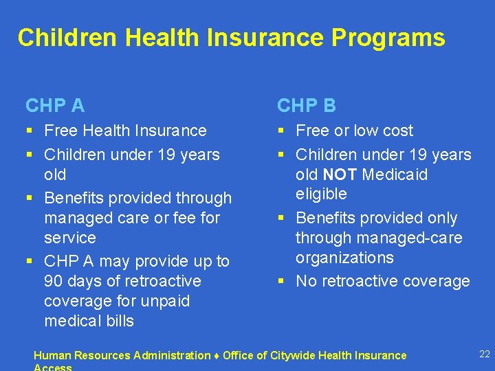 Children Health Insurance Programs CHP A CHP B § Free Health Insurance § Children Children Health Insurance Programs CHP A CHP B § Free Health Insurance § Children