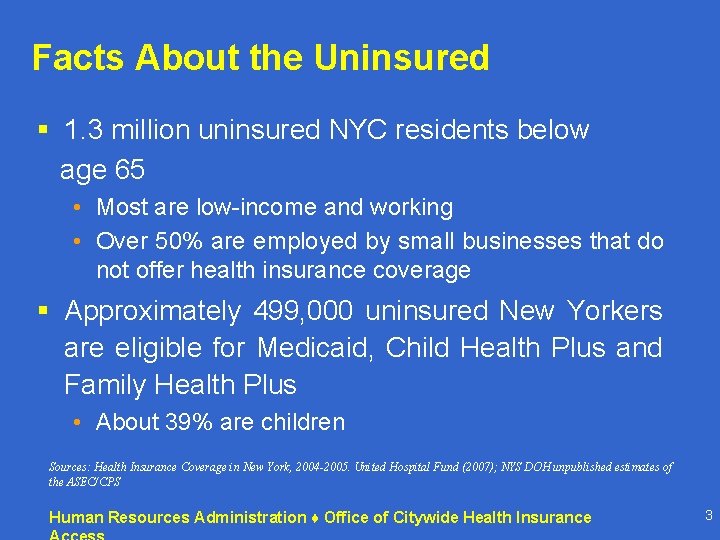 Facts About the Uninsured § 1. 3 million uninsured NYC residents below age 65 Facts About the Uninsured § 1. 3 million uninsured NYC residents below age 65