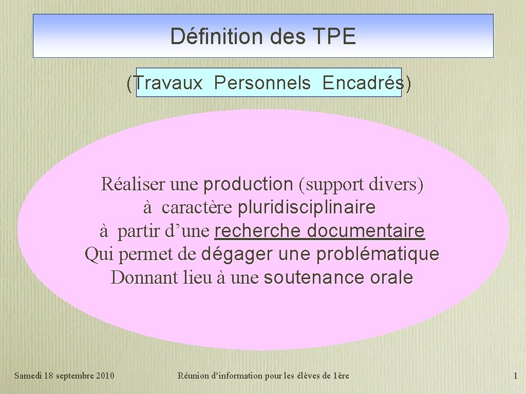 Définition des TPE (Travaux Personnels Encadrés) Réaliser une production (support divers) à caractère pluridisciplinaire